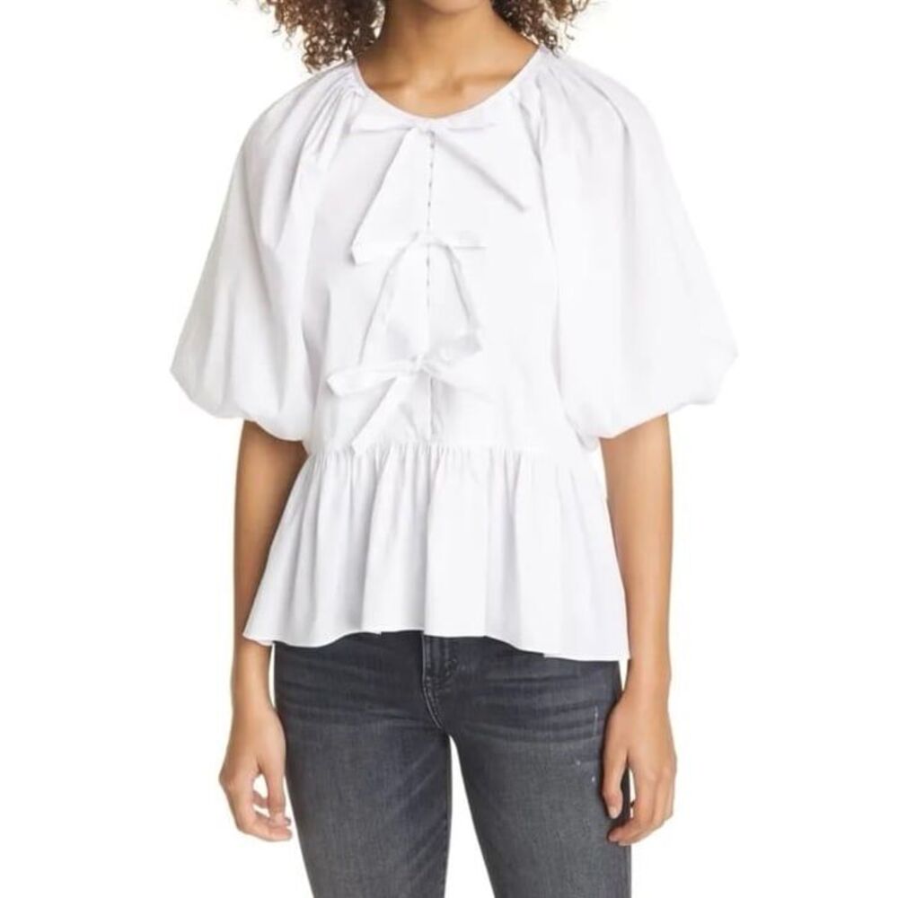 Cinq à Sept Lynn Peplum Tie Front Puff Sleeve Blouse Top in Ivory Size Medium